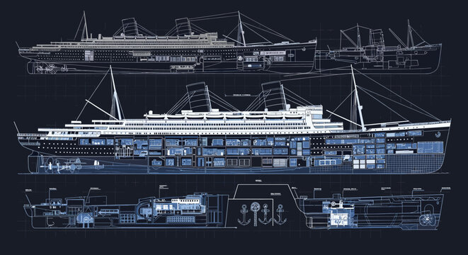 Detailed cross-section blueprint illustration of a grand ocean liner, showcasing its intricate internal structure and machinery.