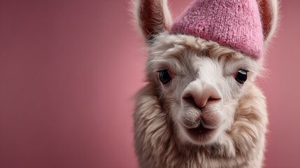 Fototapeta premium Adorable Close Up Fluffy Alpaca Wearing a Pink Knitted Hat Portrait
