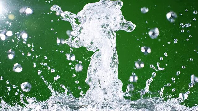 Dynamic water splash creating an abstract liquid shape against a vibrant green background in high-speed slow motion.