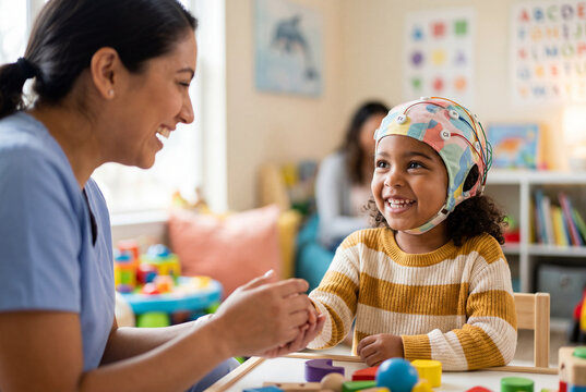 Smiling young child wearing an EEG cap interacting with a nurse