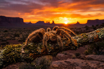 Fototapeta premium Large furry tarantula spider resting on a mossy branch during a beautiful vibrant desert sunset