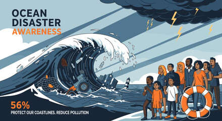 Ocean Disaster Awareness: A powerful wave crashes, symbolizing environmental threats, while a diverse group of people stands ready to face the challenge. © umah