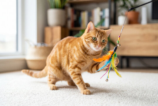 Playful ginger tabby cat batting at a colorful feather toy on a light carpet indoors