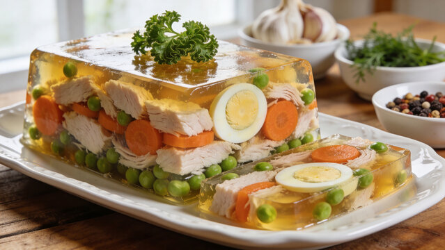 Gelatin dish with chicken, eggs, carrots, and peas served on a white platter in a kitchen setting