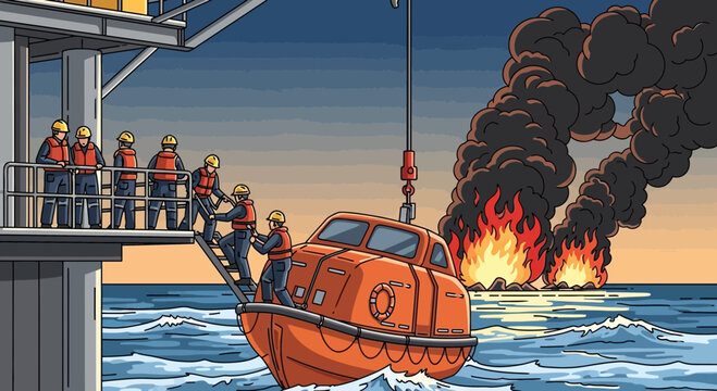 Offshore Emergency: Crew Evacuating Burning Platform via Lifeboat