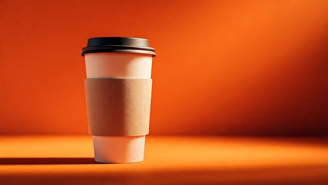 Disposable coffee cup with sleeve and lid on vibrant orange surface