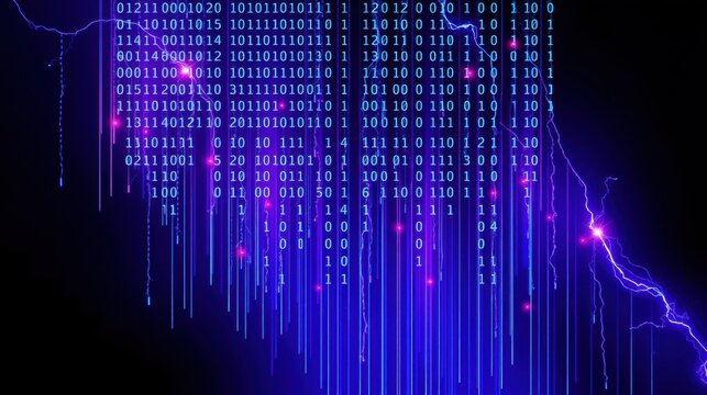 Digital rain effect. Binary code cascades down black background. Electric blue lightning accents visual display.