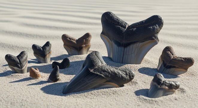 Collection of fossilized shark teeth scattered on a sandy beach with soft natural light.