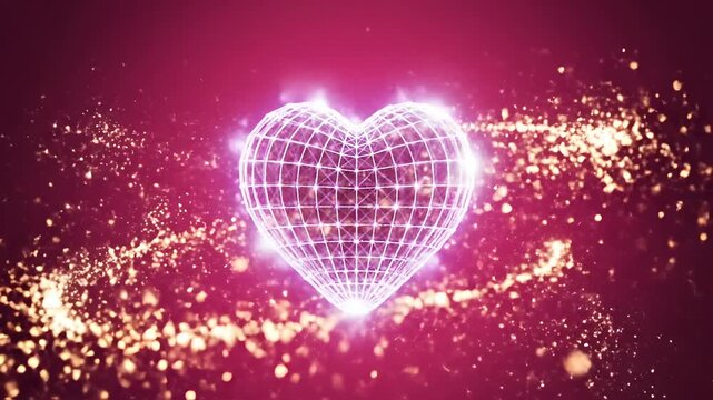 Glowing wireframe heart with rotating sparkles in a weightless loop, abstract pink background for Mother's Day, elegant romantic motion graphics for love and celebration.