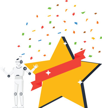 White robot humanoid android star rating award ceremony success achievement confetti celebration technology triumph digital reward modern flat graphic
