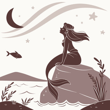 silhouette of a mermaid sitting on a rock with lon (1)(1)