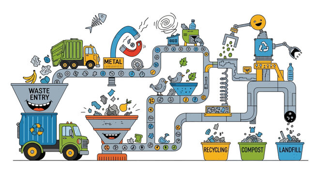Recycling factory cartoon industrial process.