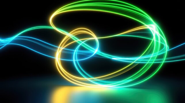 Bright colorful light trails swirl, creating abstract shapes against dark background. Vivid hues blend, forming dynamic energy flow.