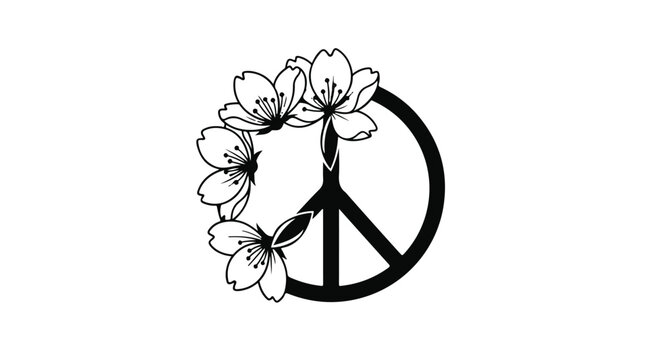 Peace sign symbol decorated with spring cherry blossoms isolated on a white background for nature inspired social awareness campaigns wellness branding and environmental design projects.