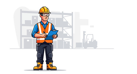 Warehouse worker with clipboard and safety gear in storage facility with forklift © Ilma
