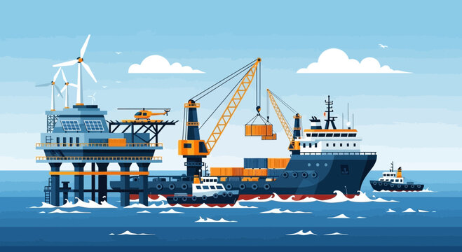 Offshore Wind Farm Installation: Platform, Crane Ship, Helicopter, Tugboats, Ocean