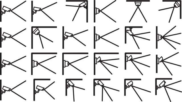 Security cameras capture surveillance configurations across various spaces, meticulously illustrating different angles for protection.