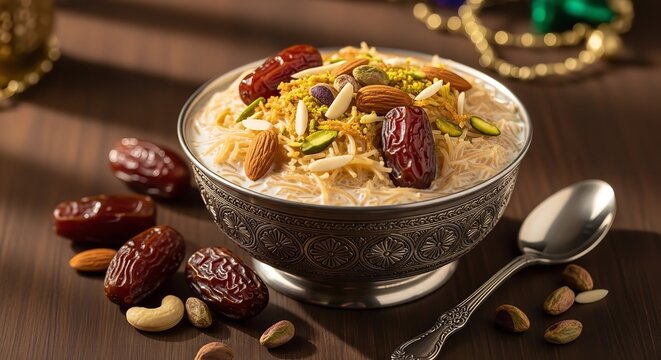 Traditional Indian dessert, Zarda or Zarda Pulao with dates and nuts