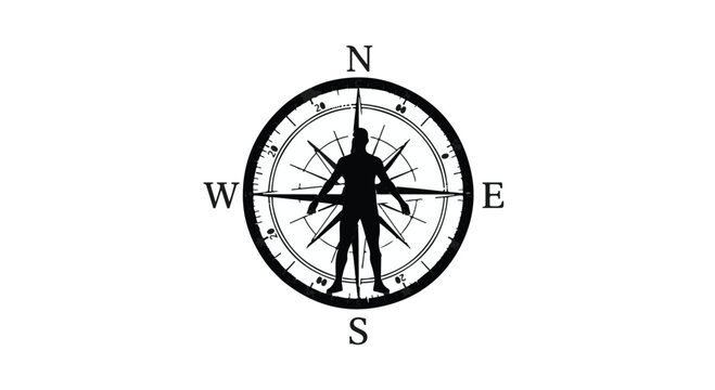 Compass combined with a human silhouette standing in the center illustrates the theme of personal direction, life navigation, and finding one's purpose in a complex and changing world today.