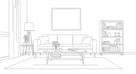 Sketch of a living room interior with sofa and bookshelf. © Muya