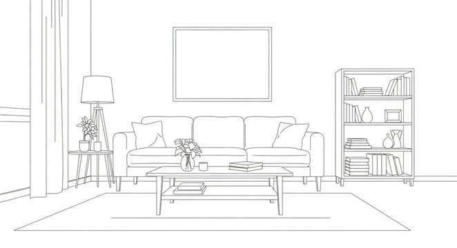 Sketch of a living room interior with sofa and bookshelf.