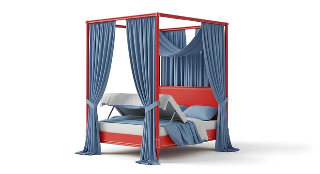 A modern red four-poster bed with blue curtains and a white mattress against a plain white background