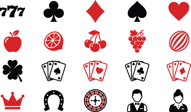 Casino Symbol Set Featuring 777, Playing Cards, Fruits, Roulette, Horseshoe, and Card Dealer Icons for Gambling and Slot Machine Designs
