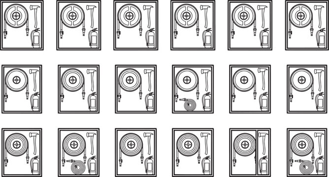 A schematic representation of various fire hydrants arranged in a grid-like pattern, each one presenting a different component.