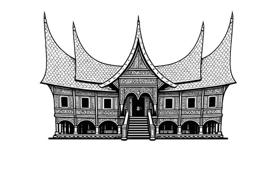 Traditional Indonesian Minangkabau House Engraving Illustration.