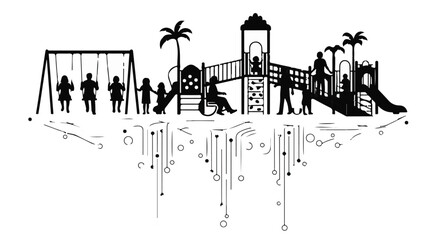 Obraz premium Playground silhouette featuring children playing on swings and slides set against a solid white background for use in educational marketing materials or community focused social media banners.
