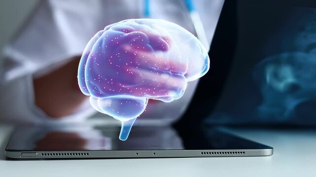 Healthcare professional shows digital brain model using tablet in medical office during daytime.