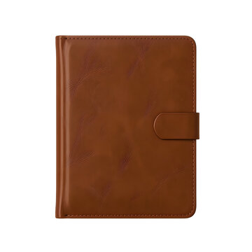 Brown leather-bound notebook with a flap closure and pen loop