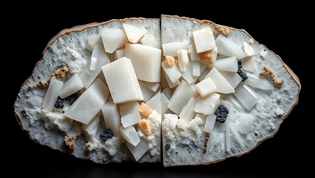 pegmatite. Split pegmatite rock specimen showing large interlocking crystals. STEM education sheets, lab safety posters, designed for STEM education and laboratory safety posters, used by architects.