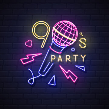 Retro Neon sign 90`s party with fluorescent microphone, lightning and love heart. Vintage electric signboard. Vector illustration