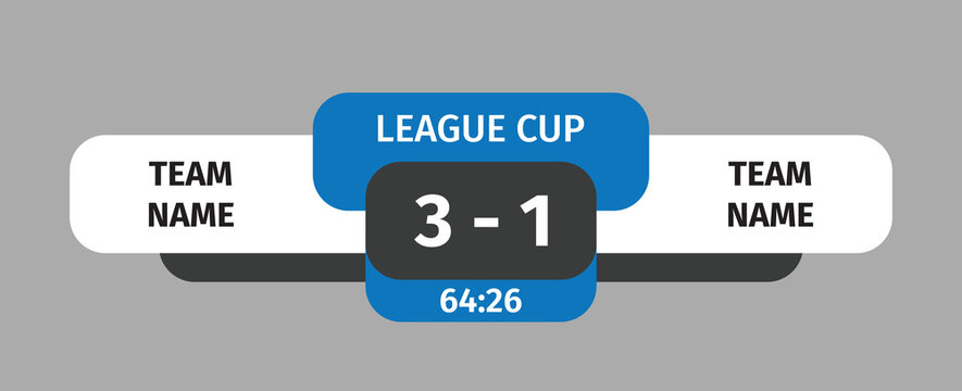 Live football scoreboard template 3-1 with timer, league cup broadcast overlay design. Modern sports graphic with clean layout, team name placeholders, editable UI for soccer media and presentation