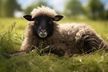 Fototapeta premium Young Shetland sheep lying livestock animal mammal.