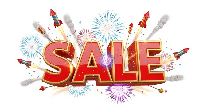 A colorful sale sign with fireworks and rockets on a white background