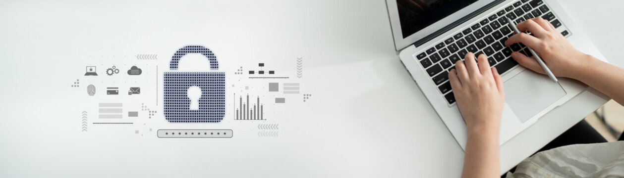 Cybersecurity protection system showing password encryption, fingerprint ID, cloud security, email, credit card, and database lock for secure data access Latch