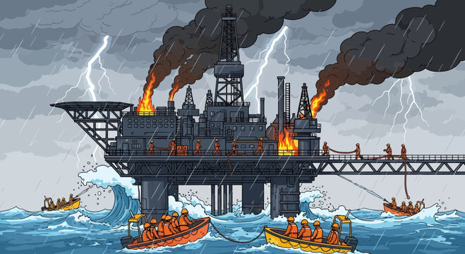 Oil Rig Disaster: Fire and Lightning Strike, Evacuation by Boat in Stormy Seas