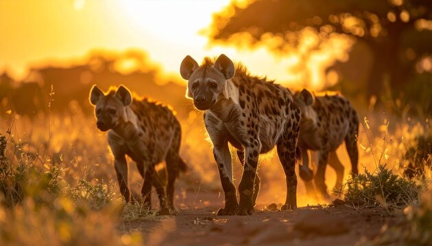 Hyenas in golden sunlight
