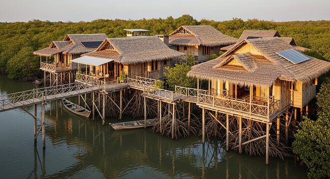 A serene and peaceful wooden stilt house village on a tranquil body of water surrounded by lush greenery and trees.
