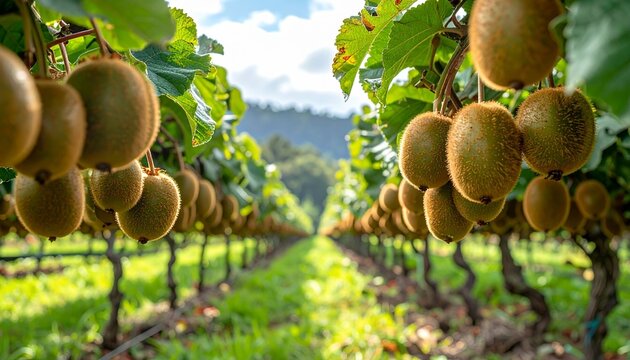 Kiwi fruit orchard rows with greenery