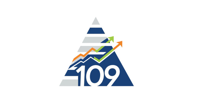 Stylized Mountain Layers with Number 109 and Multiple Upward Arrows Logo for Consistent Growth, Isolated White Background
