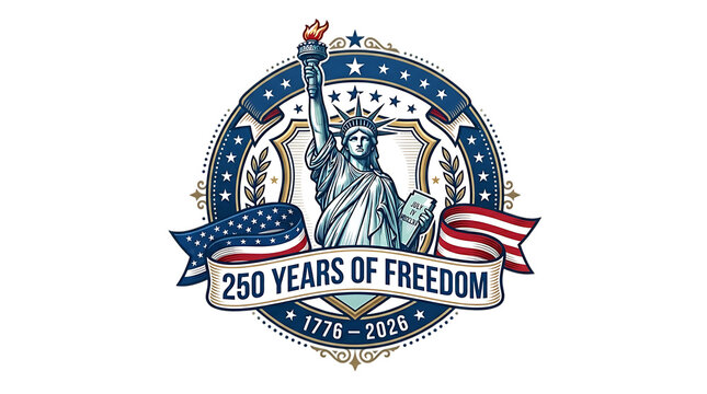 Vector illustration of statue of liberty with 250 years of freedom text isolated on transparent background
