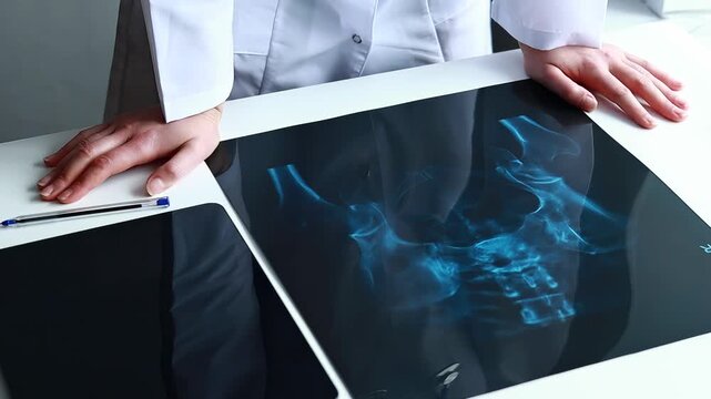 Medical professional examines x-ray of pelvic region in office during standard procedure.