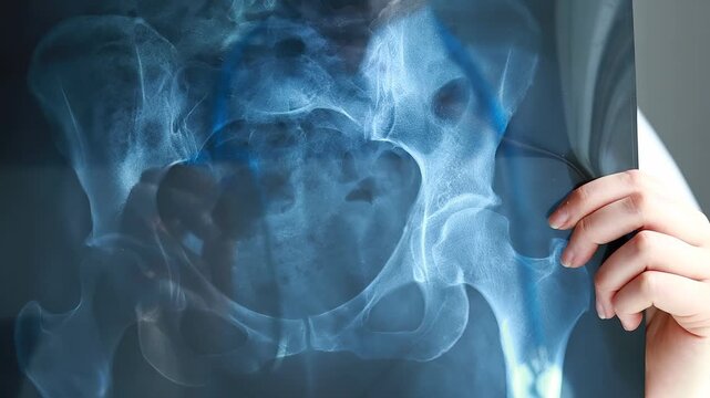 X-ray showing the pelvic region with clear views of the hip bones and surrounding structure held by a medical professional.