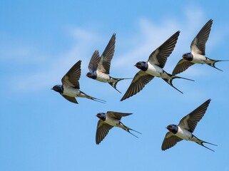 Fototapeta premium Graceful Barn Swallow Soaring Through a Clear Blue Open Sky with Minimalist Composition