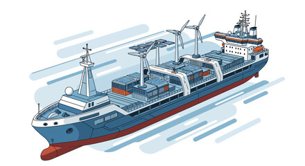 Fototapeta premium Eco-friendly cargo ship with solar panels and wind turbines, innovative transportation concept