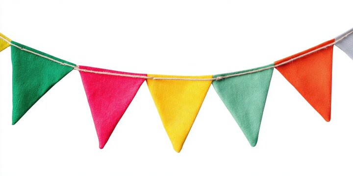 Vibrant triangular bunting flags strung together on a string against a white background