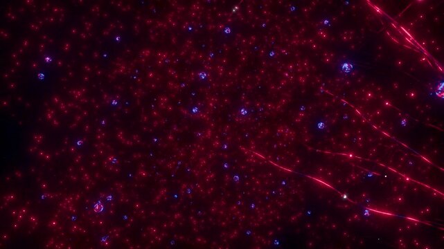 Abstract glowing red energy streams radiating from a central core in a cosmic digital space, representing neural activity, data transmission, artificial intelligence networks, and high-speed informati